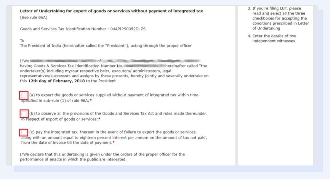 Letter of Undertaking Form/GST RFD-11 displayed on your screen